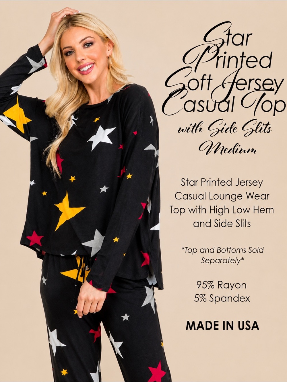 Star Printed SoftJersey Casual Top with Side Slits NEW